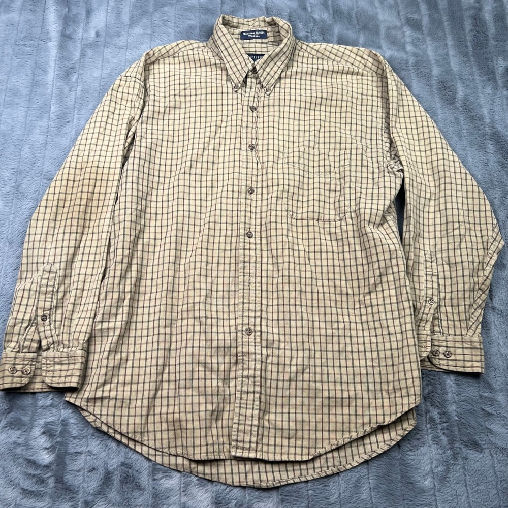 Van Heusen Traditional Classics Mens Large Tan Brown Plaid Cotton Button Down